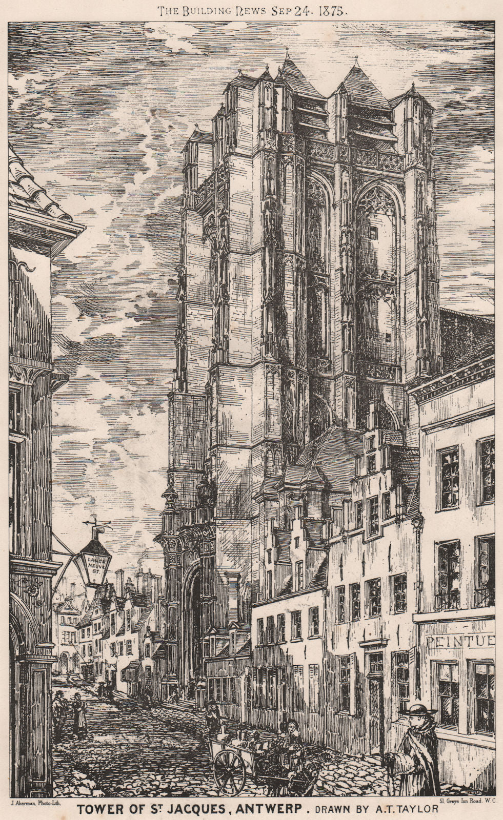 Tower of St. Jacques, Antwerp; Drawn by A.T. Taylor. Belgium 1875 old print